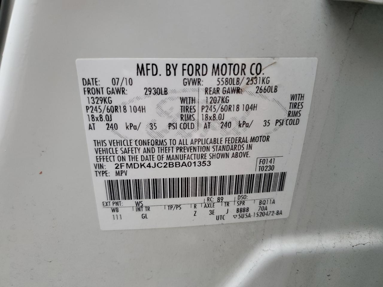 2011 Ford Edge VIN 2FMDK4JC2BBA01353 Copart auction photo, front end damage thumbnail 13