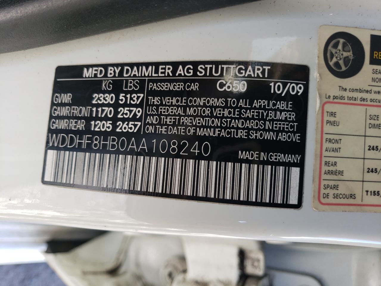 2010 Mercedes-Benz E-klasse VIN WDDHF8HB0AA108240 Copart auction photo, front end damage thumbnail 13