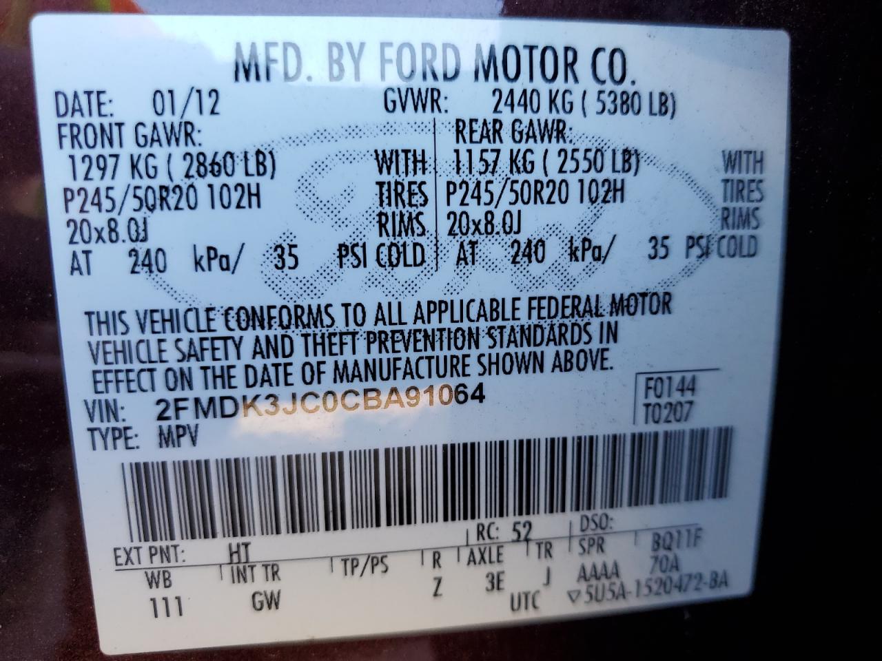 2012 Ford Edge VIN 2FMDK3JC0CBA91064 Copart auction photo, side damage thumbnail 12