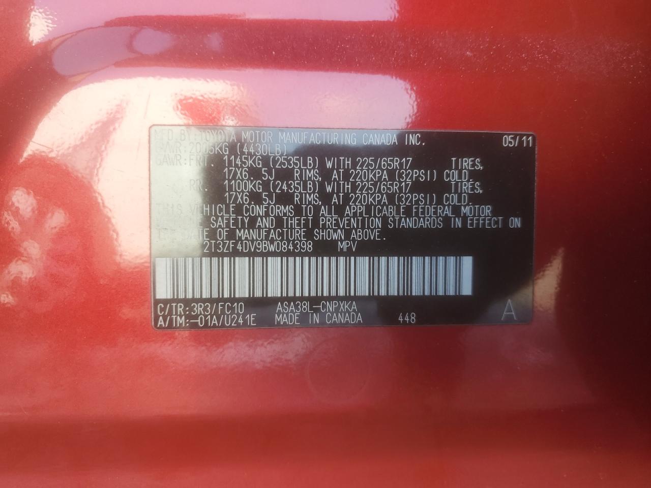 2011 Toyota RAV 4 VIN 2T3ZF4DV9BW084398 Copart auction photo, side / minor dent/scratches damage thumbnail 13