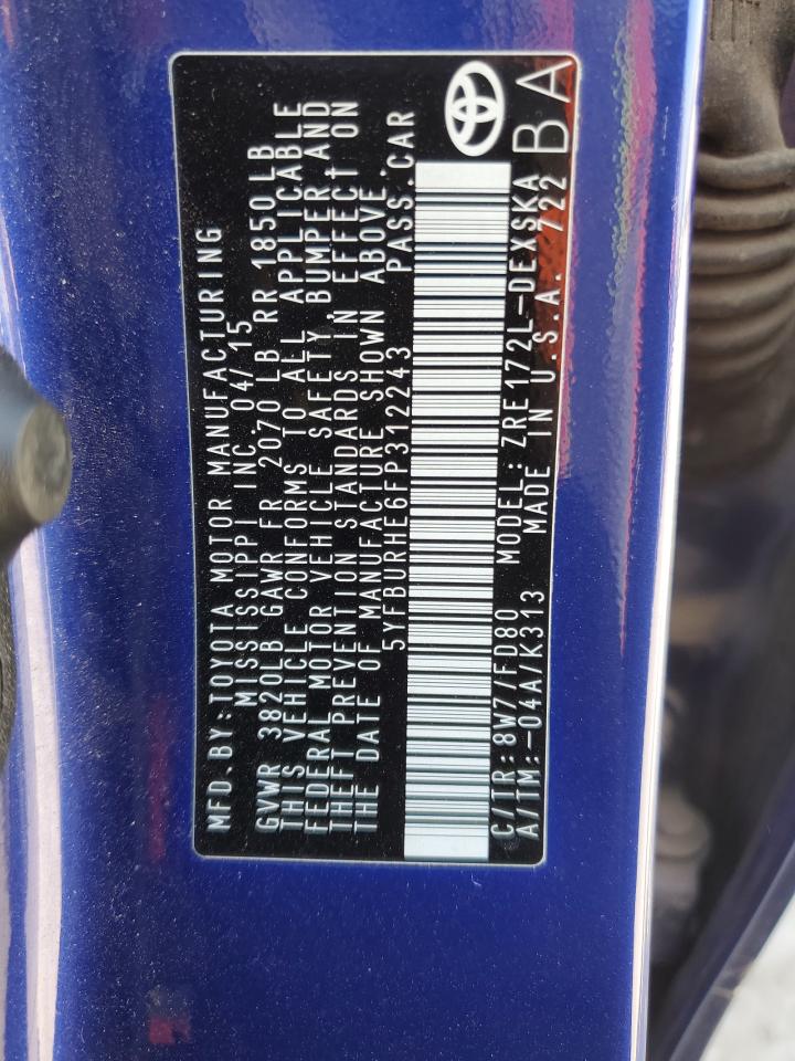 2015 Toyota Corolla VIN 5YFBURHE6FP312243 Copart auction photo, side / hail damage thumbnail 12