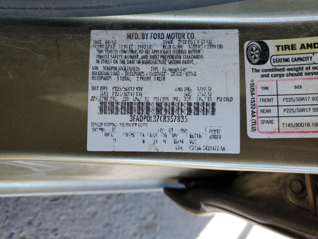 2012 Ford Fusion VIN 3FADP0L37CR357835 Copart auction photo, front end damage thumbnail 12