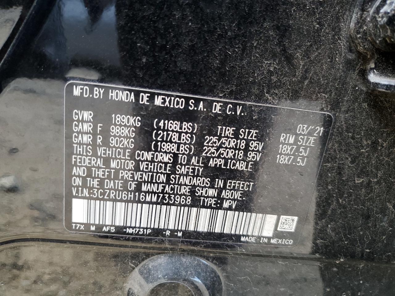 2021 Honda HR-V VIN 3CZRU6H16MM733968 Copart auction photo, front end / undercarriage damage thumbnail 15