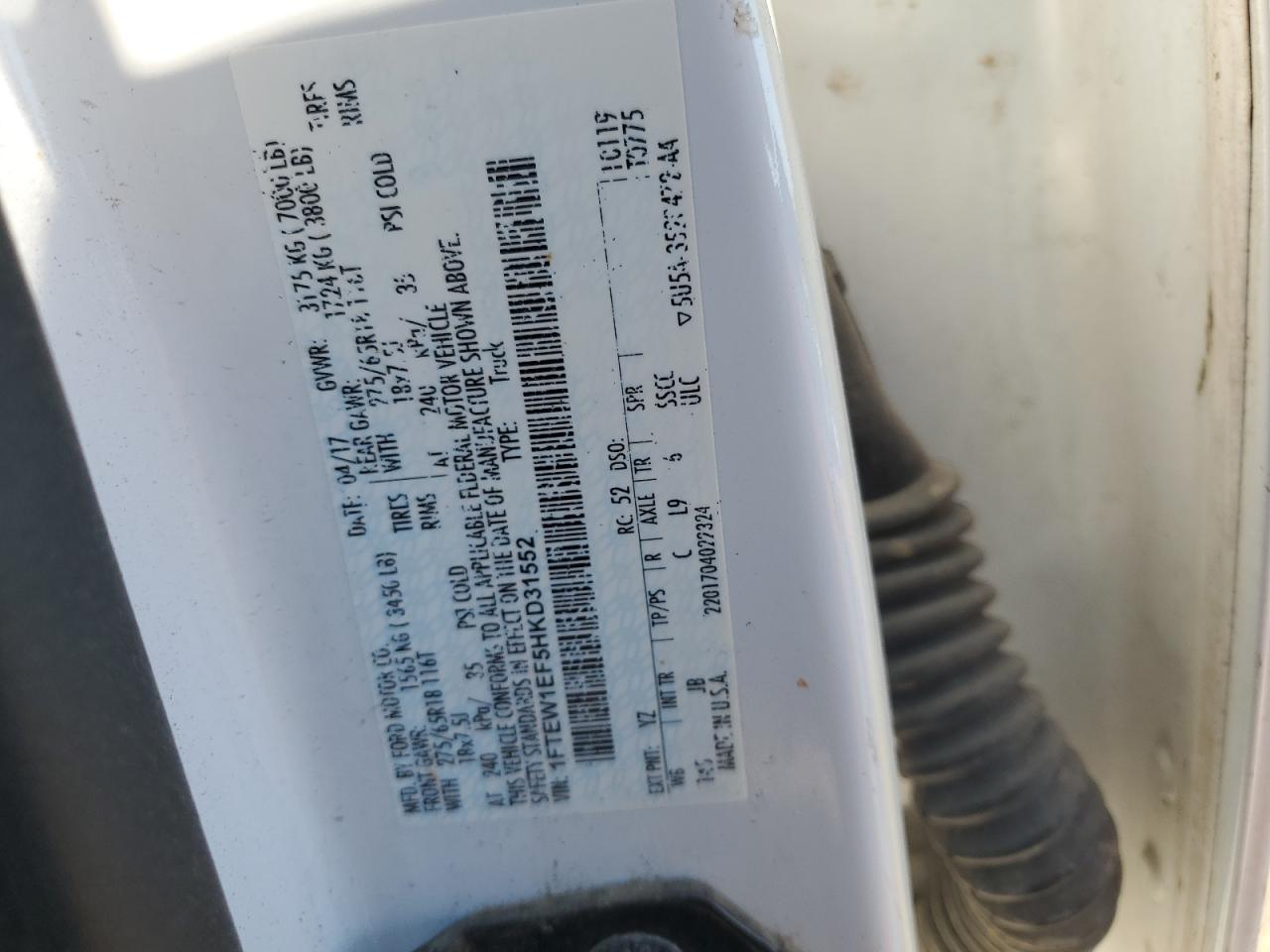 2017 Ford F-150 VIN 1FTEW1EF5HKD31552 Copart auction photo, front end damage thumbnail 14
