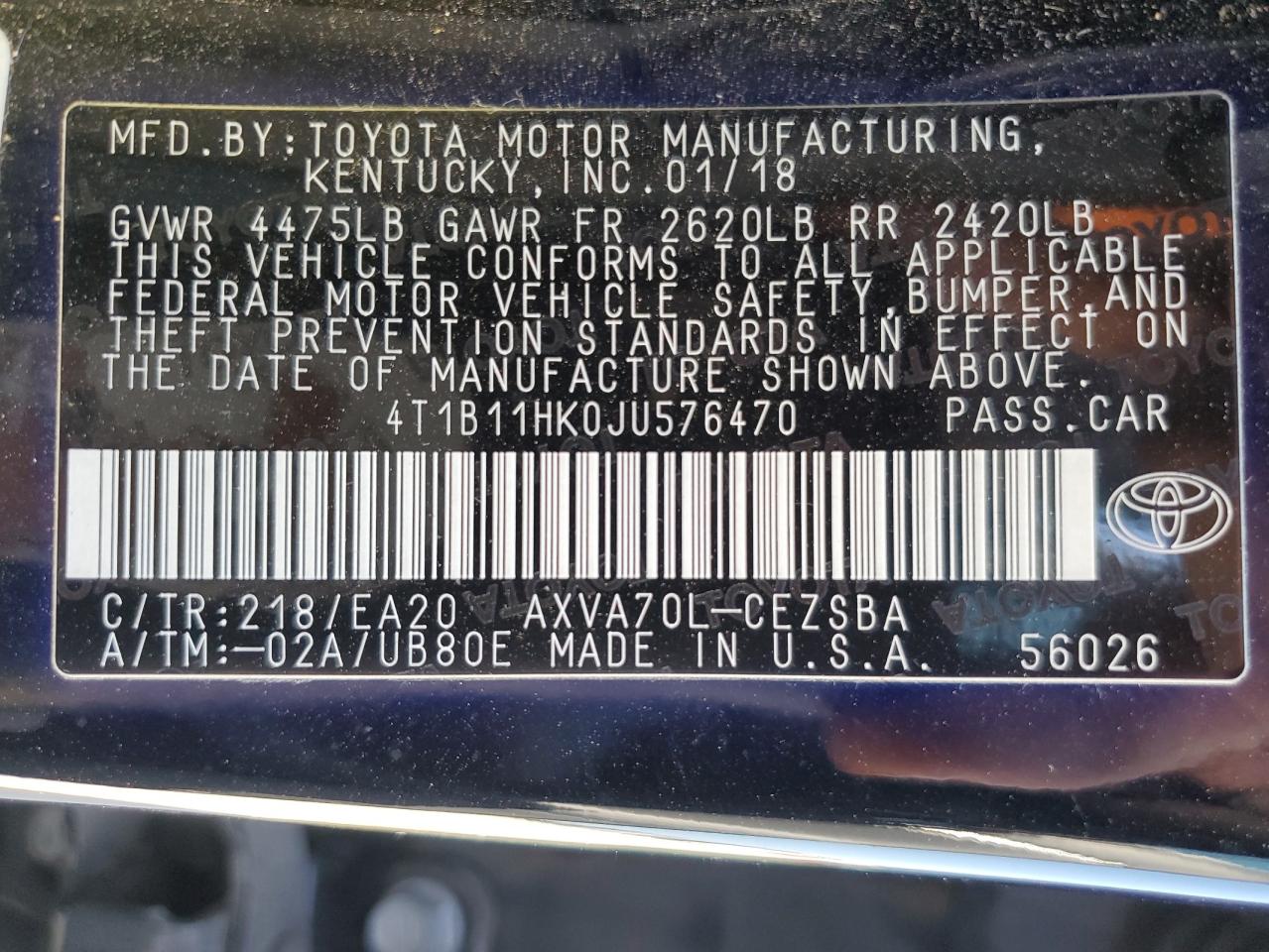 2018 Toyota Camry VIN 4T1B11HK0JU576470 Copart auction photo, front end / rear end damage thumbnail 15