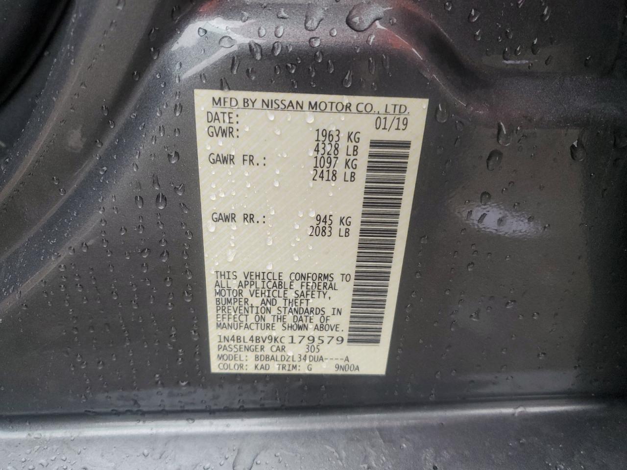 2019 Nissan Altima VIN 1N4BL4BV9KC179579 Copart auction photo, side damage thumbnail 14