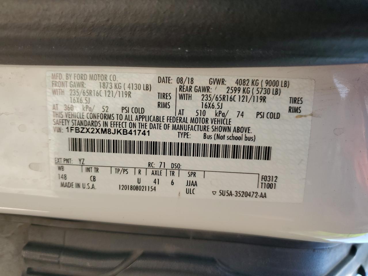 2018 Ford Transit VIN 1FBZX2XM8JKB41741 Copart auction photo, top/roof damage thumbnail 13