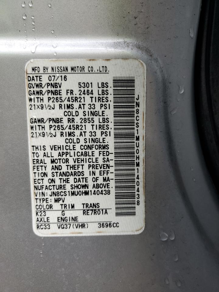 2017 Infiniti QX70 VIN JN8CS1MU0HM140438 Copart auction photo, all over damage thumbnail 14