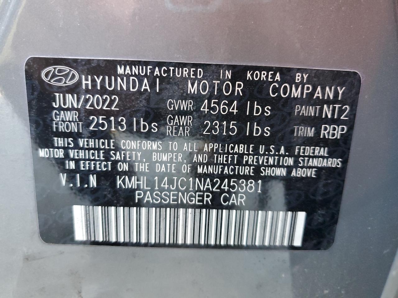 2022 Hyundai Sonata VIN KMHL14JC1NA245381 Copart auction photo, front end damage thumbnail 12