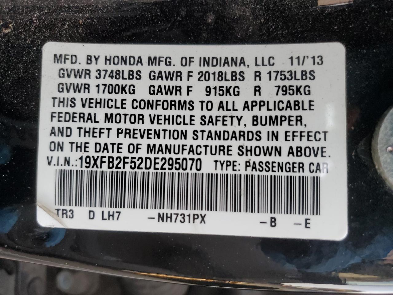 2013 Honda Civic VIN 19XFB2F52DE295070 Copart auction photo, front end / side damage thumbnail 13