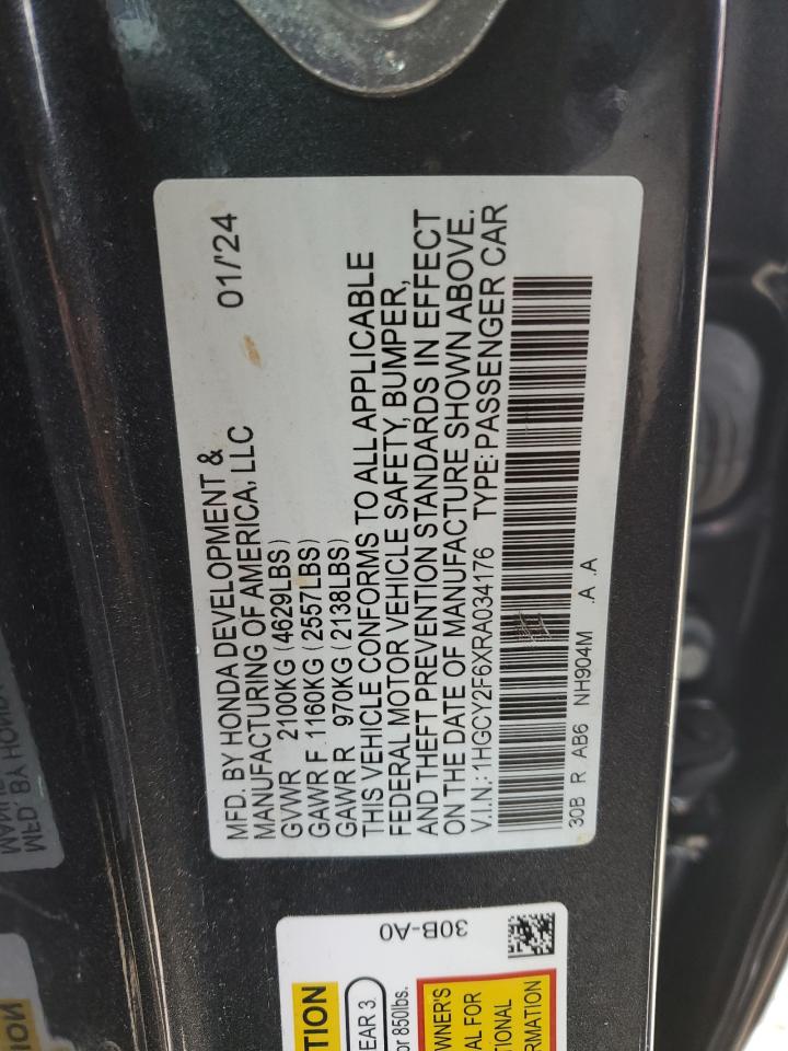 2024 Honda Accord VIN 1HGCY2F6XRA034176 Copart auction photo, front end / minor dent/scratches damage thumbnail 14