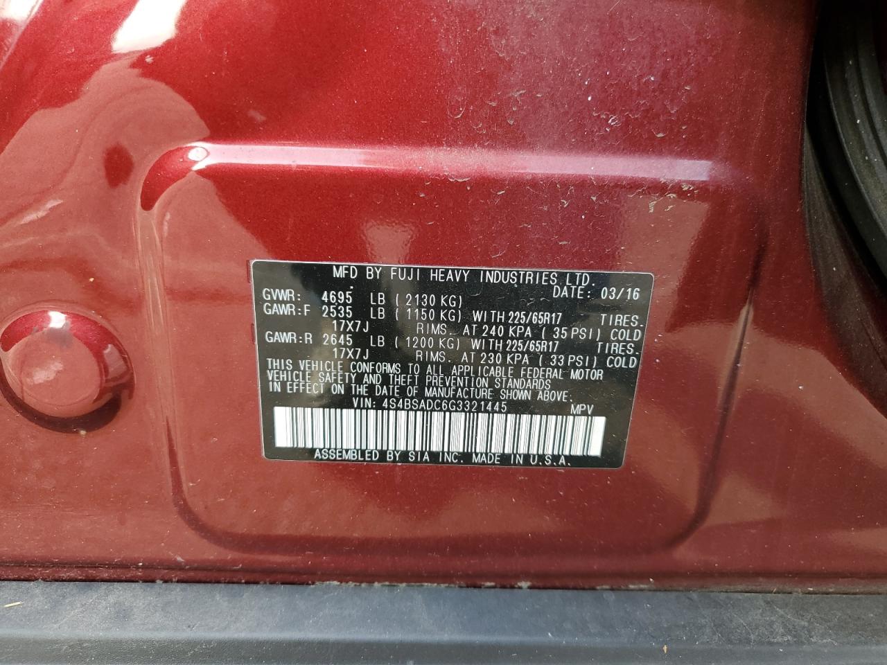 2016 Subaru Outback VIN 4S4BSADC6G3321445 Copart auction photo, side / rear end damage thumbnail 15