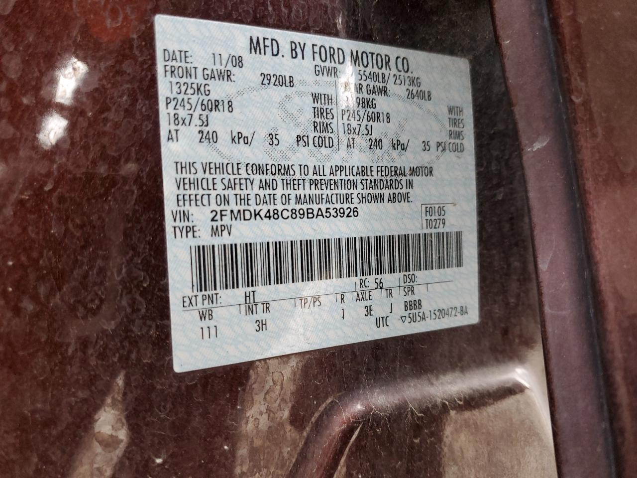 2009 Ford Edge VIN 2FMDK48C89BA53926 Copart auction photo, rear end damage thumbnail 13