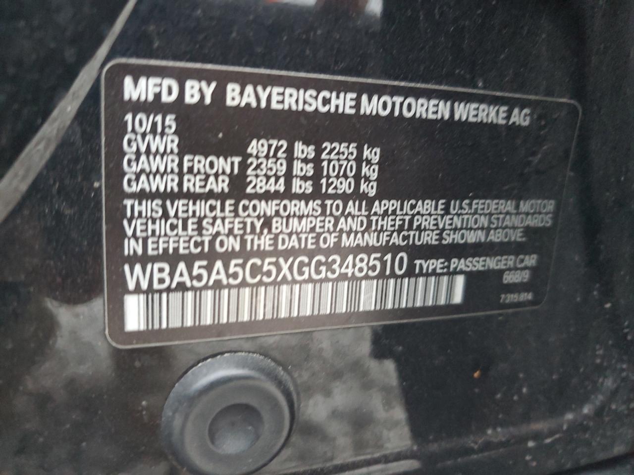 2016 BMW 5er VIN WBA5A5C5XGG348510 Copart auction photo, front end damage thumbnail 14