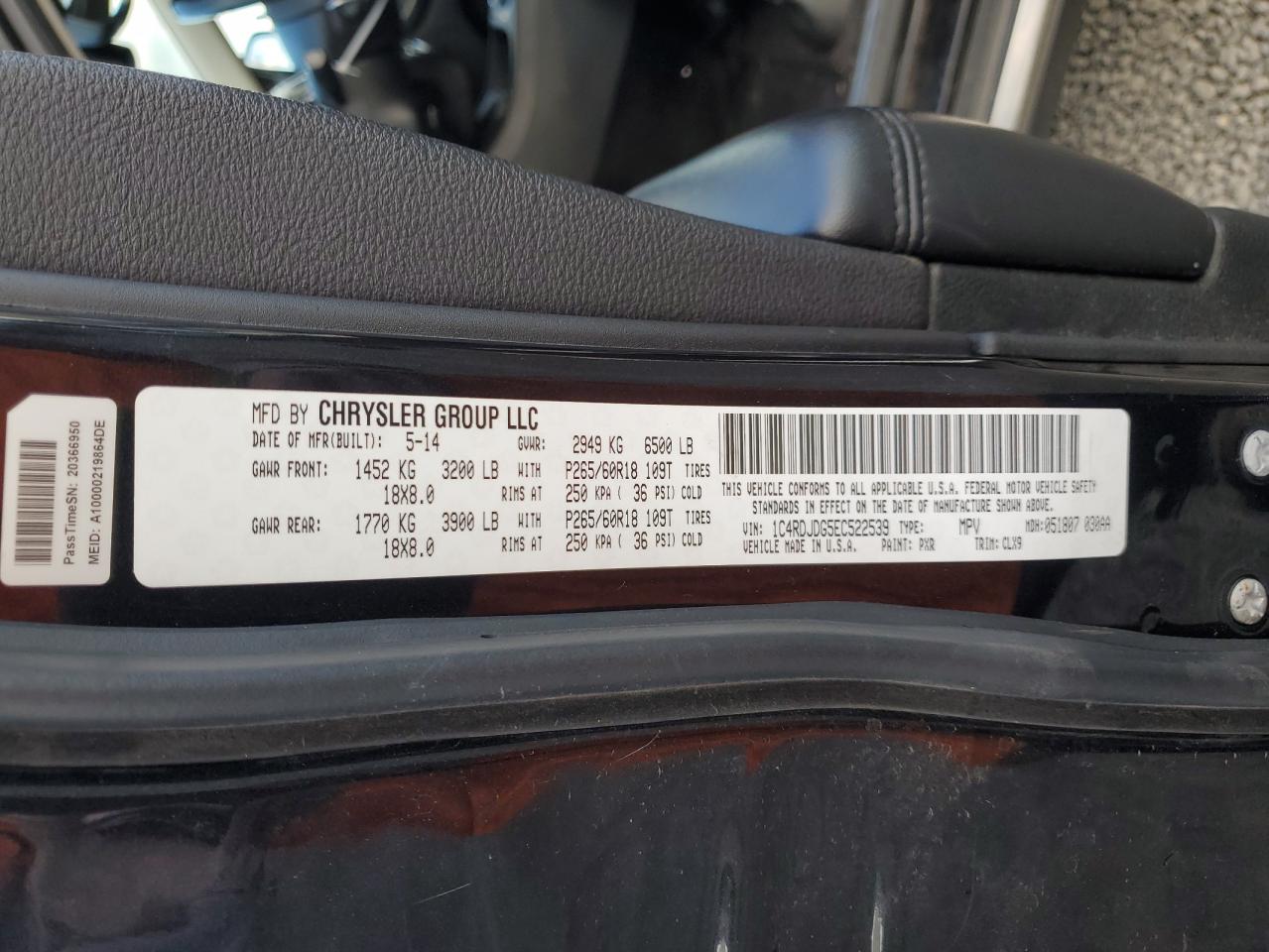 2014 Dodge Durango VIN 1C4RDJDG5EC522539 Copart auction photo, rear end damage thumbnail 15