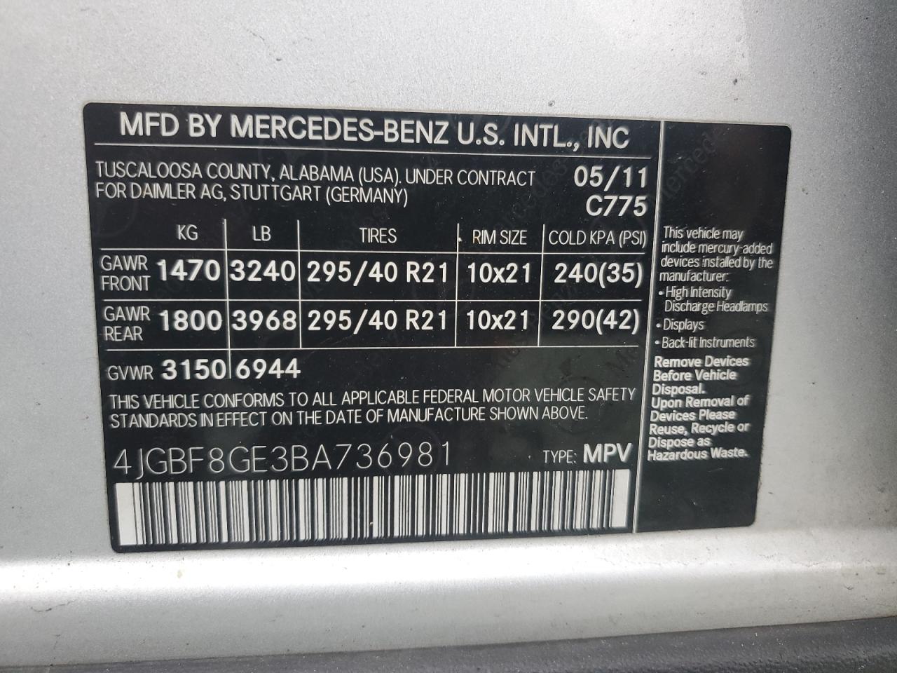 2011 Mercedes-Benz GL-klasse VIN 4JGBF8GE3BA736981 Copart auction photo, front end damage thumbnail 15