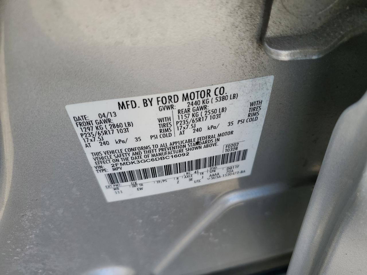 2013 Ford Edge VIN 2FMDK3GC6DBC16092 Copart auction photo, front end / side damage thumbnail 14