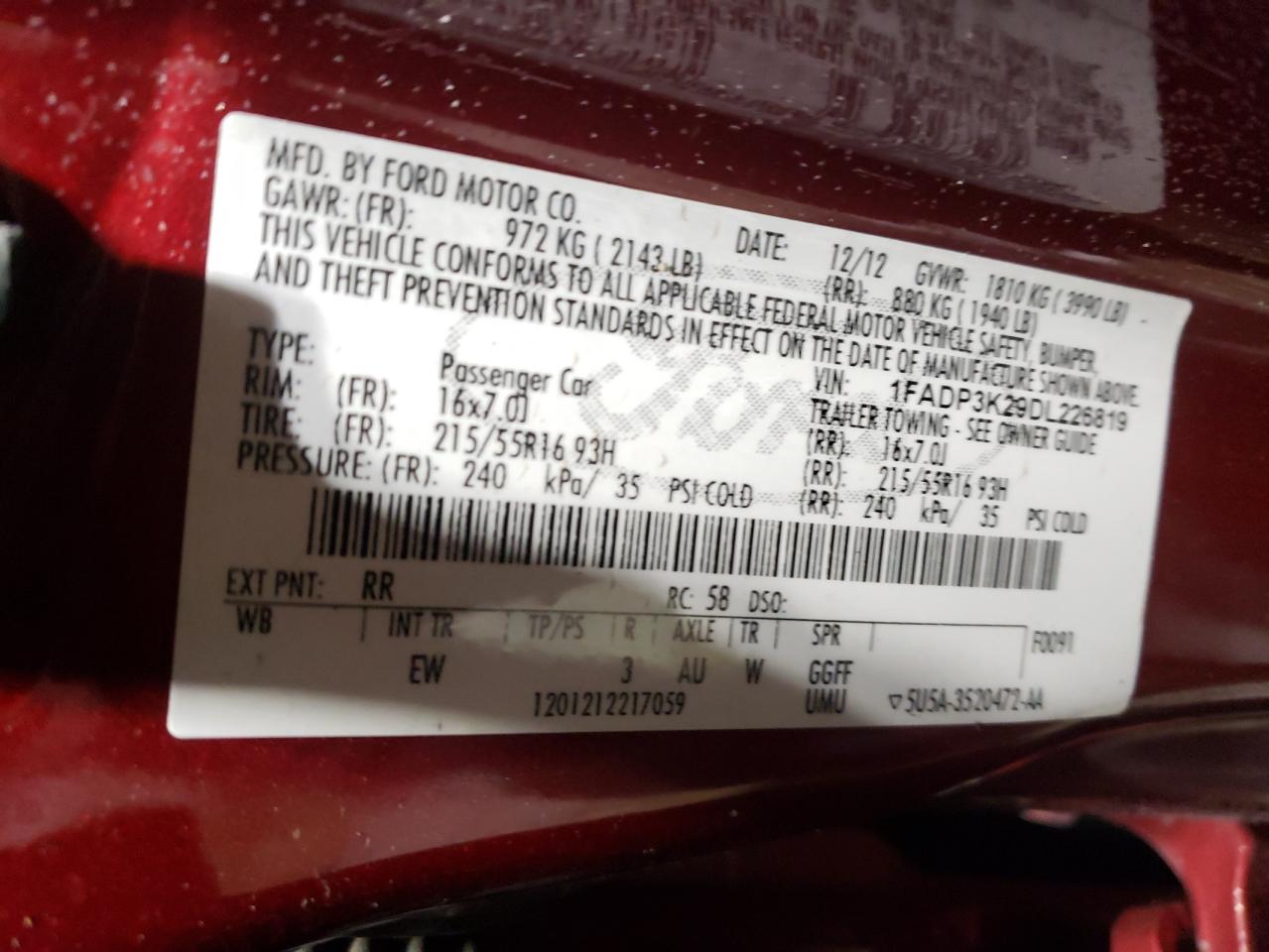 2013 Ford Focus VIN 1FADP3K29DL226819 Copart auction photo, front end damage thumbnail 14
