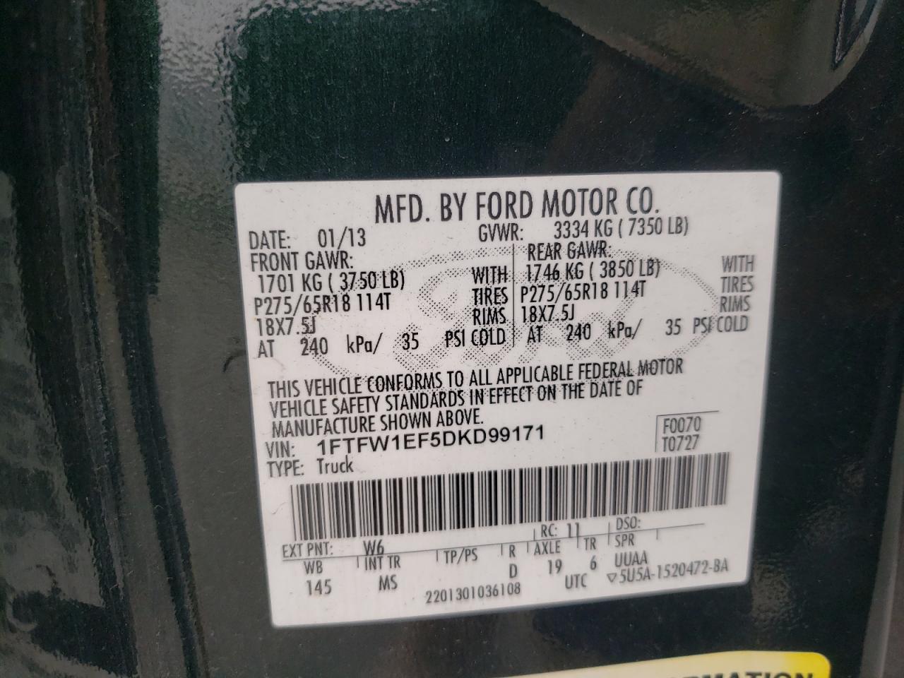2013 Ford F-150 VIN 1FTFW1EF5DKD99171 Copart auction photo, front end damage thumbnail 14