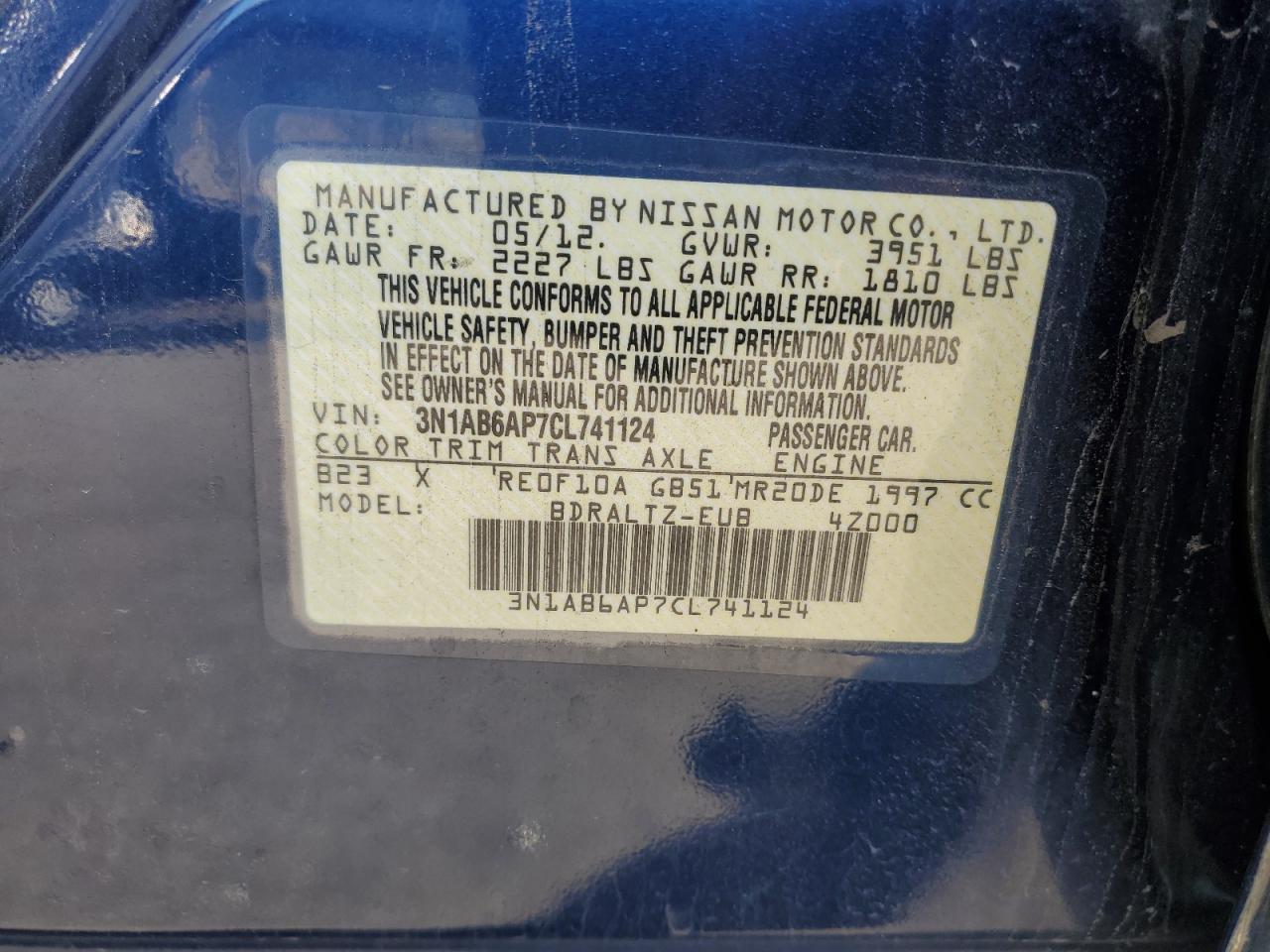 2012 Nissan Sentra VIN 3N1AB6AP7CL741124 Copart auction photo, rear end / front end damage thumbnail 14