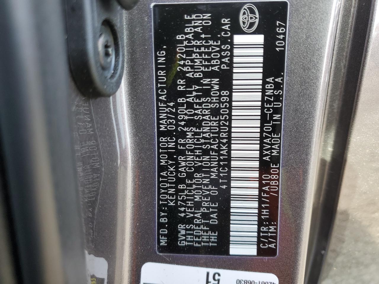 2024 Toyota Camry VIN 4T1C11AK4RU250598 Copart auction photo, rear end / front end damage thumbnail 12