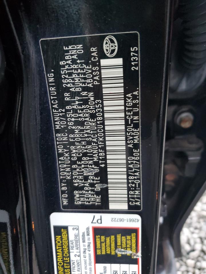 2012 Toyota Camry VIN 4T1BF1FK0CU180353 Copart auction photo, side damage thumbnail 14