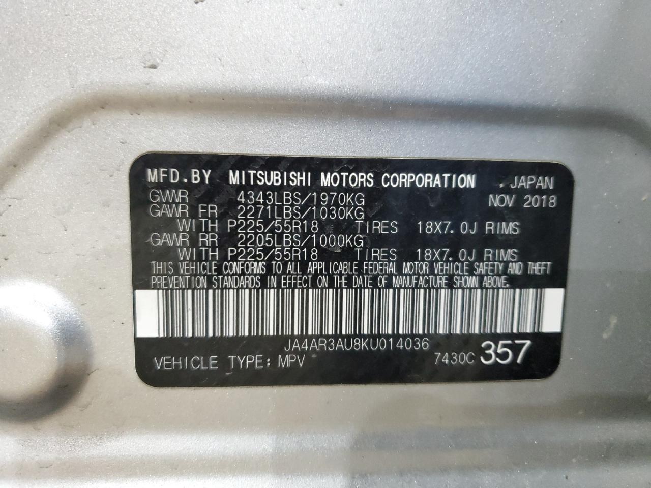 2019 Mitsubishi Outlander VIN JA4AR3AU8KU014036 Copart auction photo, side / minor dent/scratches damage thumbnail 13