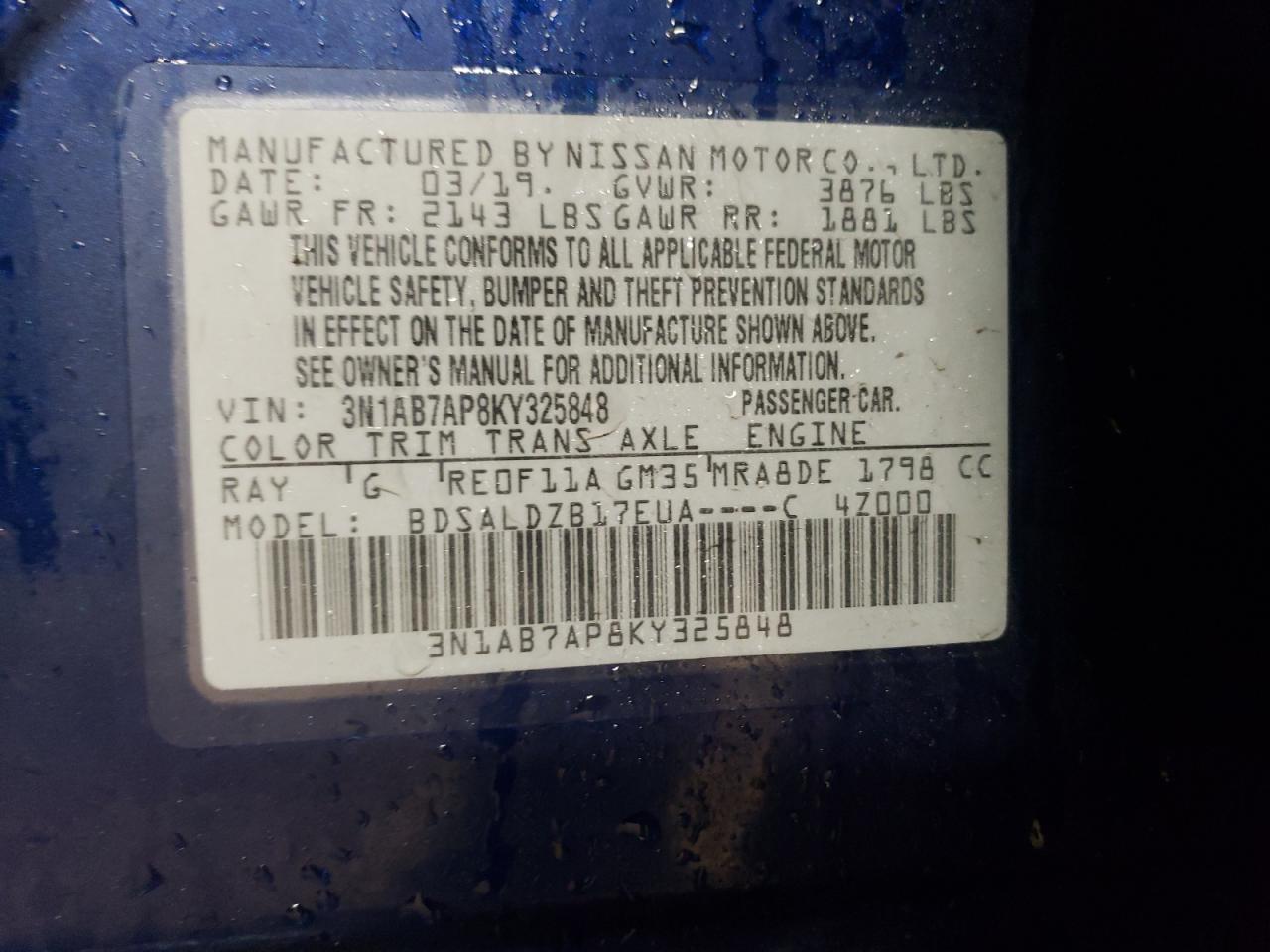 2019 Nissan Sentra VIN 3N1AB7AP8KY325848 Copart auction photo, side / front end damage thumbnail 12