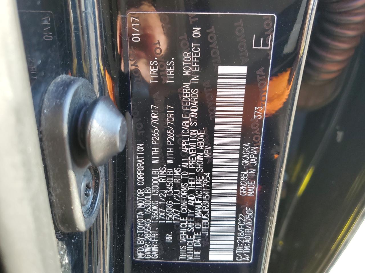 2017 Toyota 4Runner VIN JTEBU5JR3H5417954 Copart auction photo, front end / side damage thumbnail 13