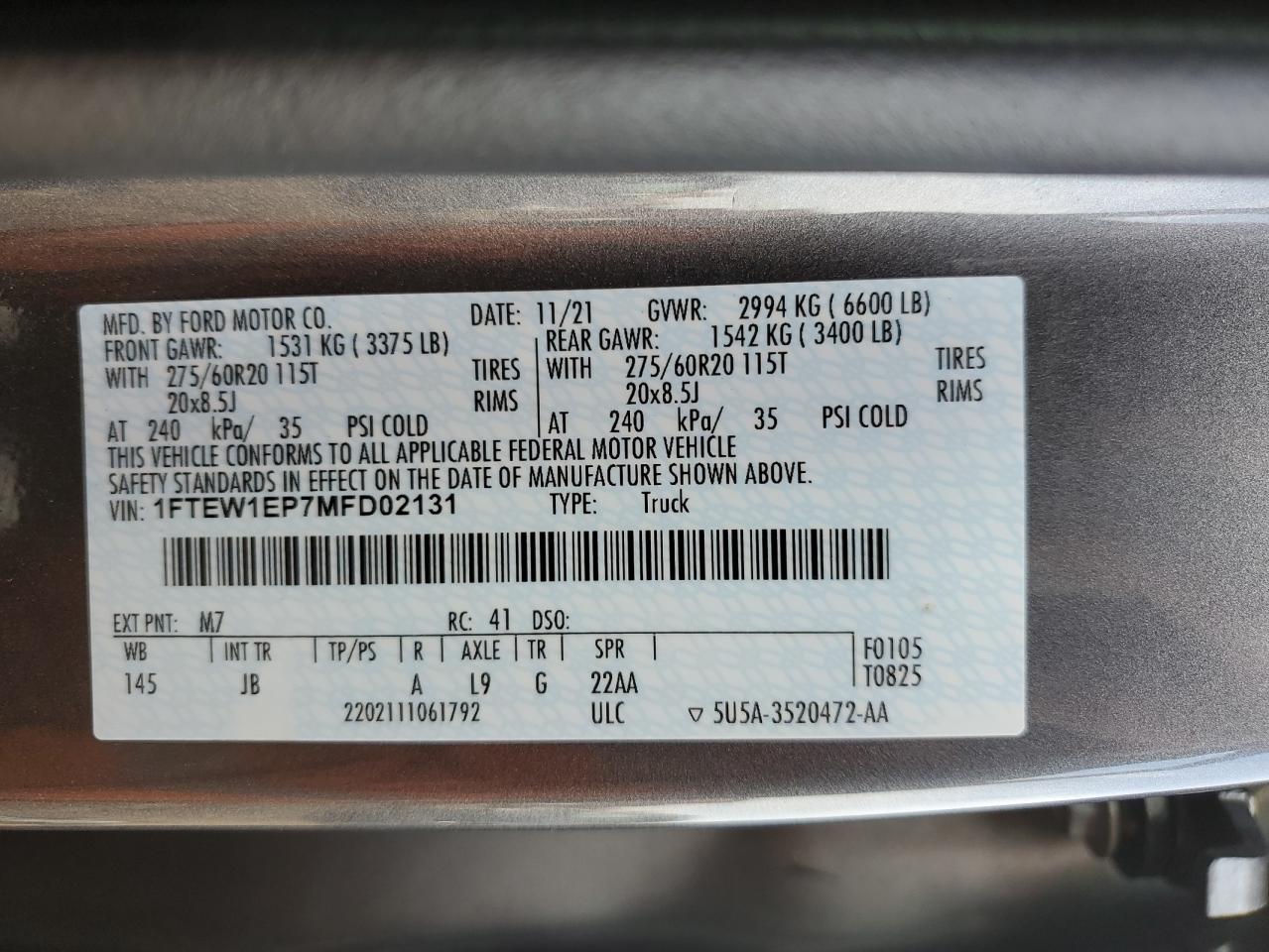 2021 Ford F-150 VIN 1FTEW1EP7MFD02131 Copart auction photo, front end damage thumbnail 14