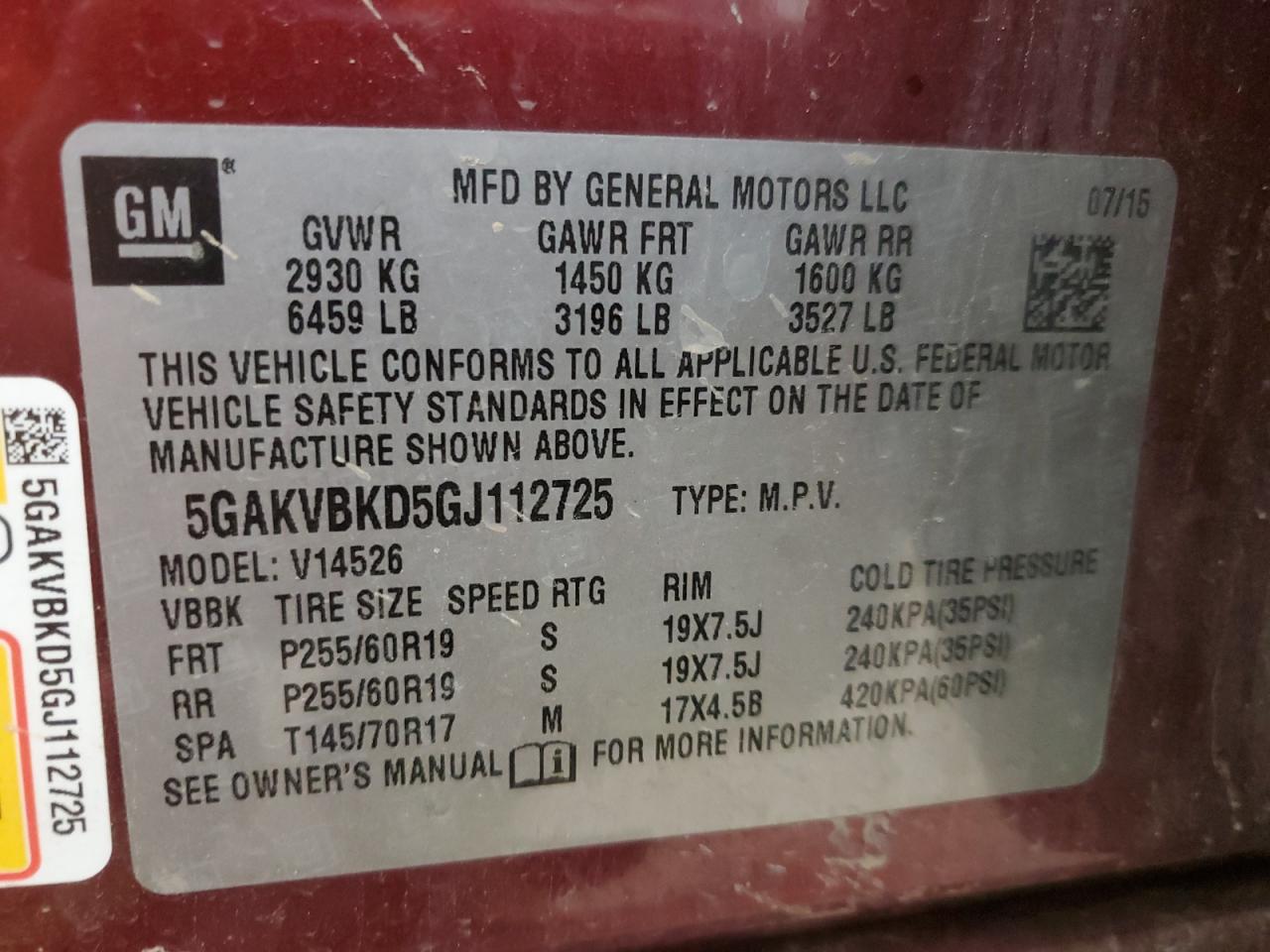 2016 Buick Enclave VIN 5GAKVBKD5GJ112725 Copart auction photo, hail damage thumbnail 13