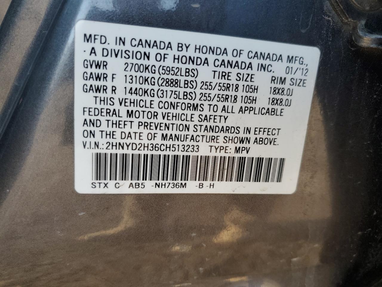 2012 Acura MDX VIN 2HNYD2H36CH513233 Copart auction photo, front end damage thumbnail 13
