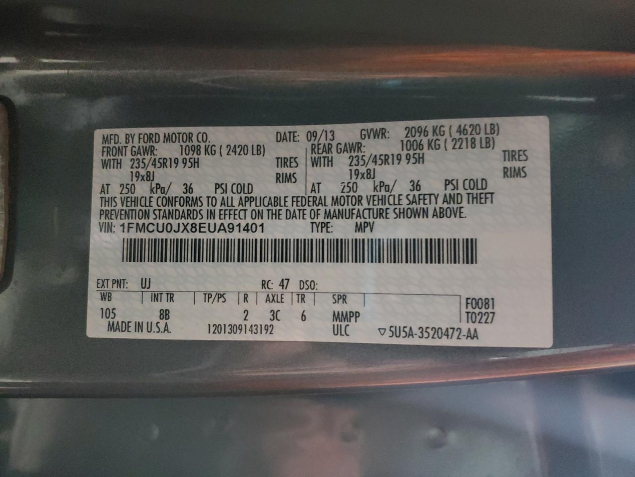 2014 Ford Escape VIN 1FMCU0JX8EUA91401 Copart auction photo, front end damage thumbnail 13