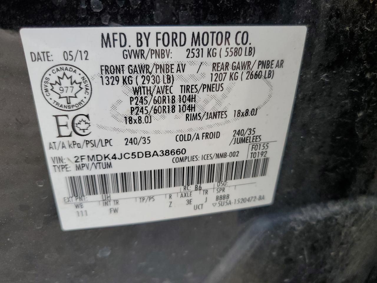2013 Ford Edge VIN 2FMDK4JC5DBA38660 Copart auction photo, vandalism / front end damage thumbnail 13
