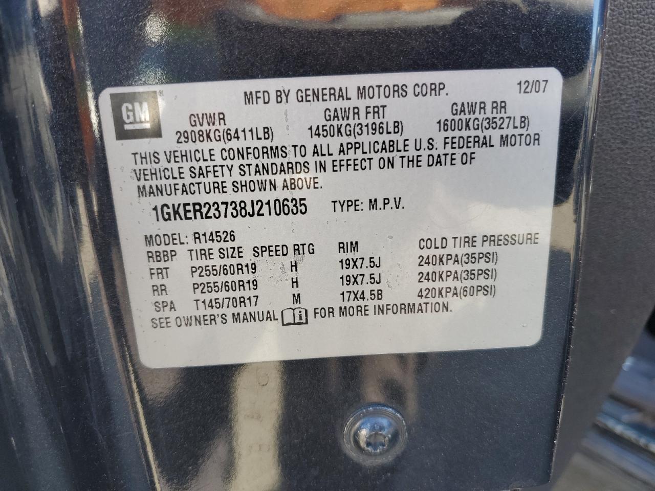 2008 GMC Acadia VIN 1GKER23738J210635 Copart auction photo, side / rear end damage thumbnail 13