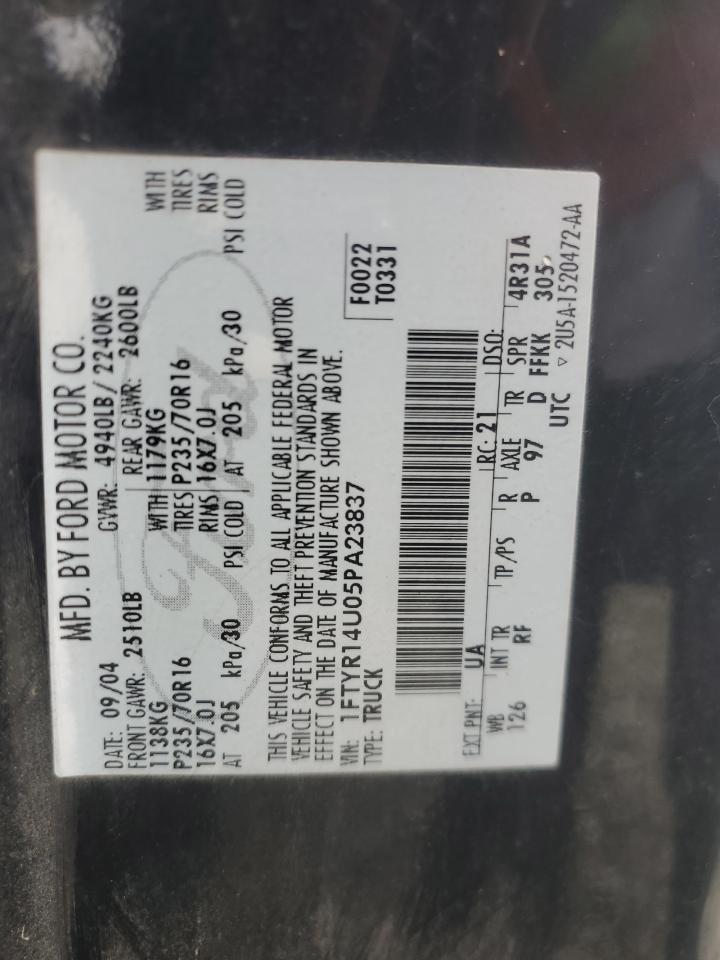 2005 Ford Ranger VIN 1FTYR14U05PA23837 Copart auction photo, rear end / side damage thumbnail 12
