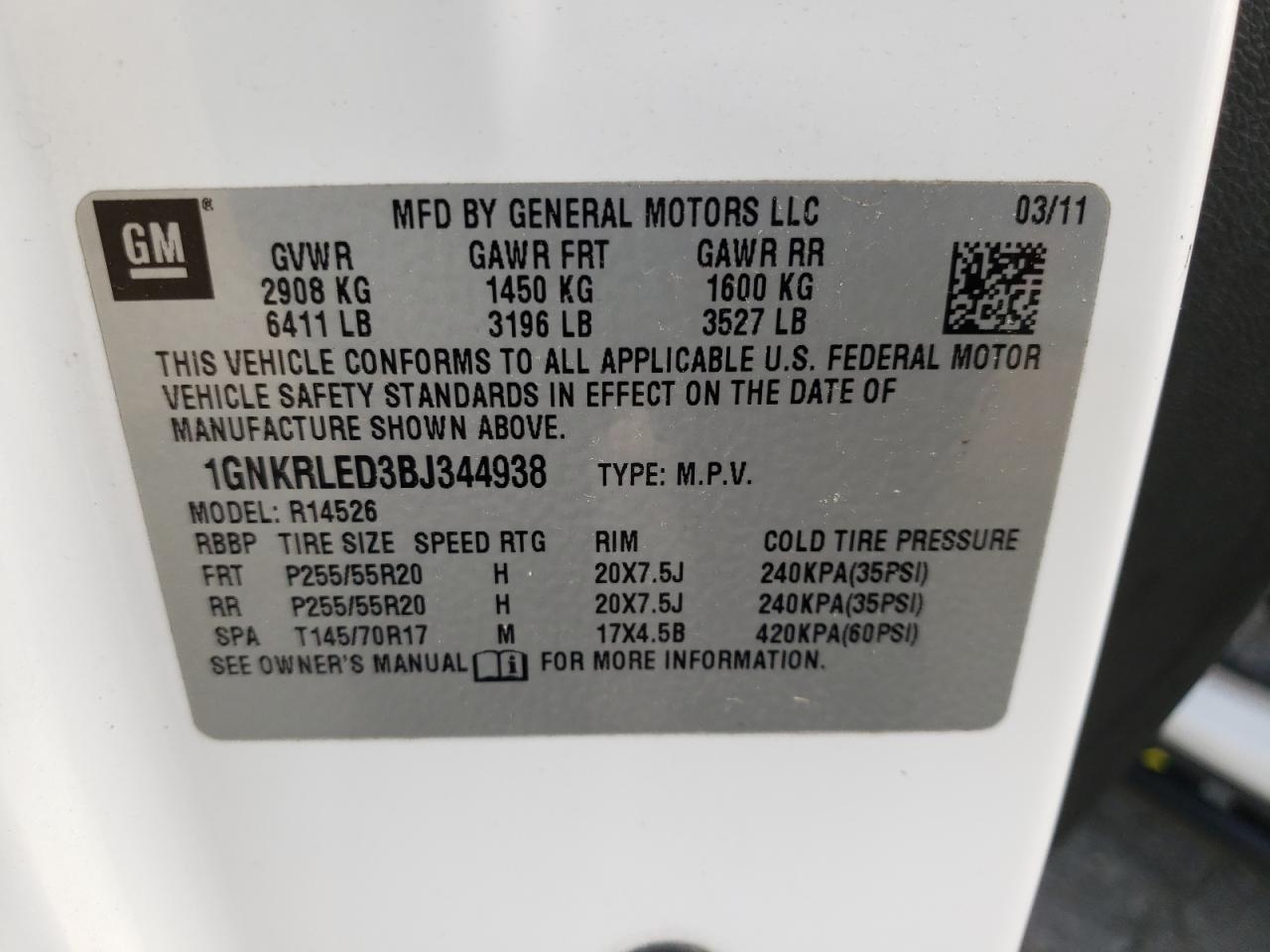 2011 Chevrolet Traverse VIN 1GNKRLED3BJ344938 Copart auction photo, undercarriage damage thumbnail 10