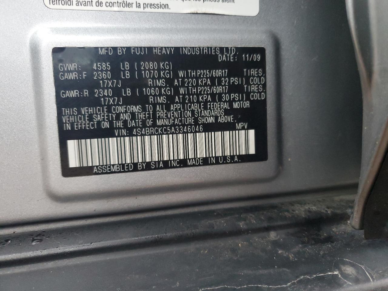 2010 Subaru Outback VIN 4S4BRCKC5A3346046 Copart auction photo, front end damage thumbnail 14