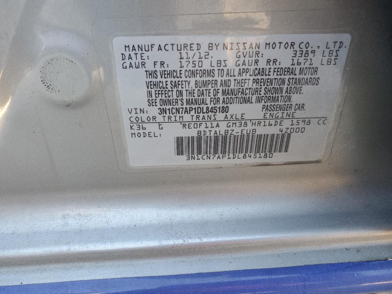 2013 Nissan Versa VIN 3N1CN7AP1DL845180 Copart auction photo, water/flood damage thumbnail 13