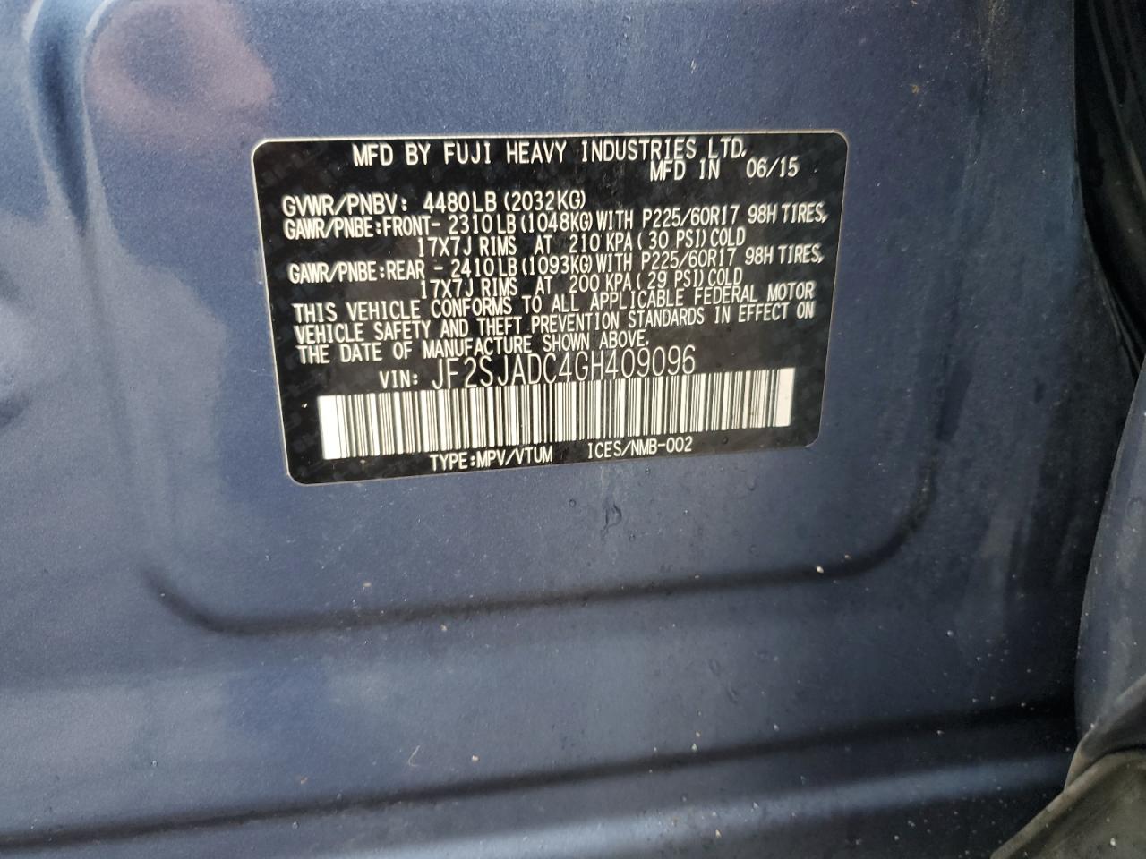 2016 Subaru Forester VIN JF2SJADC4GH409096 Copart auction photo, side damage thumbnail 12