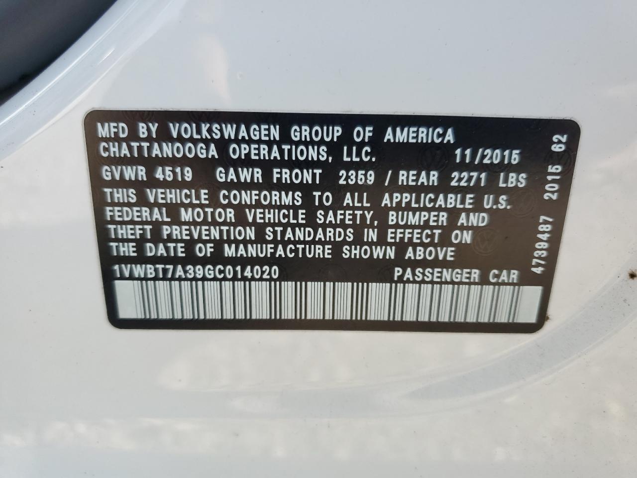 2016 Volkswagen Passat VIN 1VWBT7A39GC014020 Copart auction photo, side damage thumbnail 12