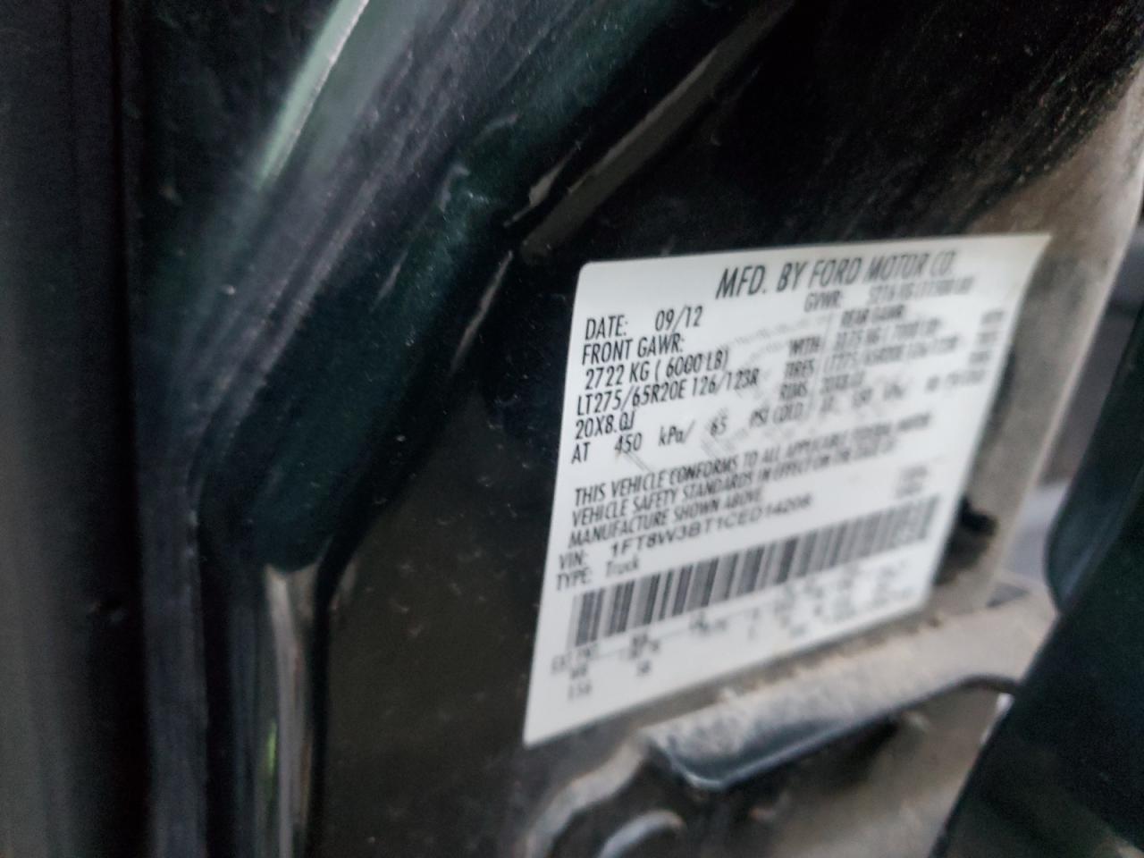 2012 Ford F350 VIN 1FT8W3BT1CED14208 Copart auction photo, side / rear end damage thumbnail 15