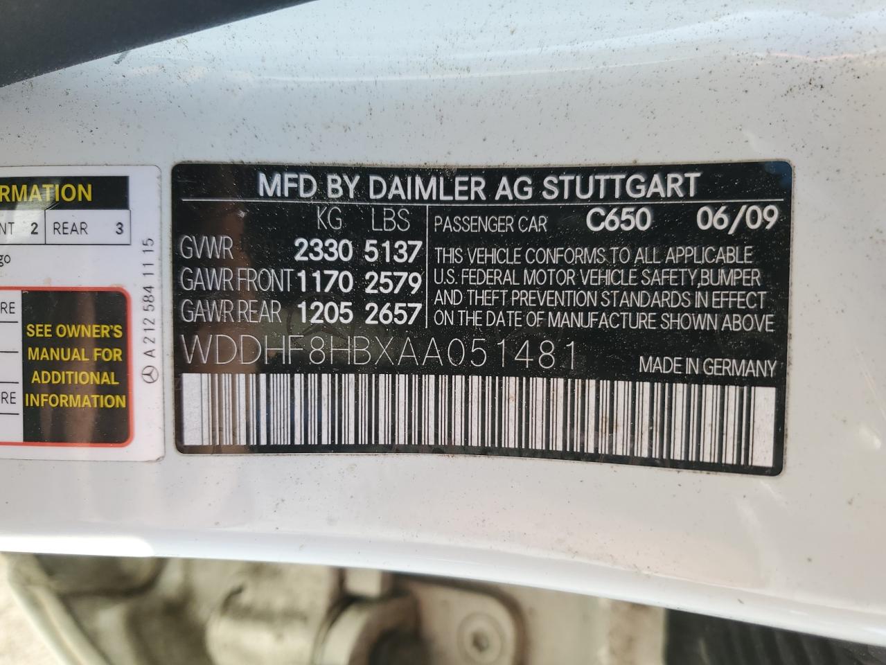 2010 Mercedes-Benz E-klasse VIN WDDHF8HBXAA051481 Copart auction photo, front end / minor dent/scratches damage thumbnail 12