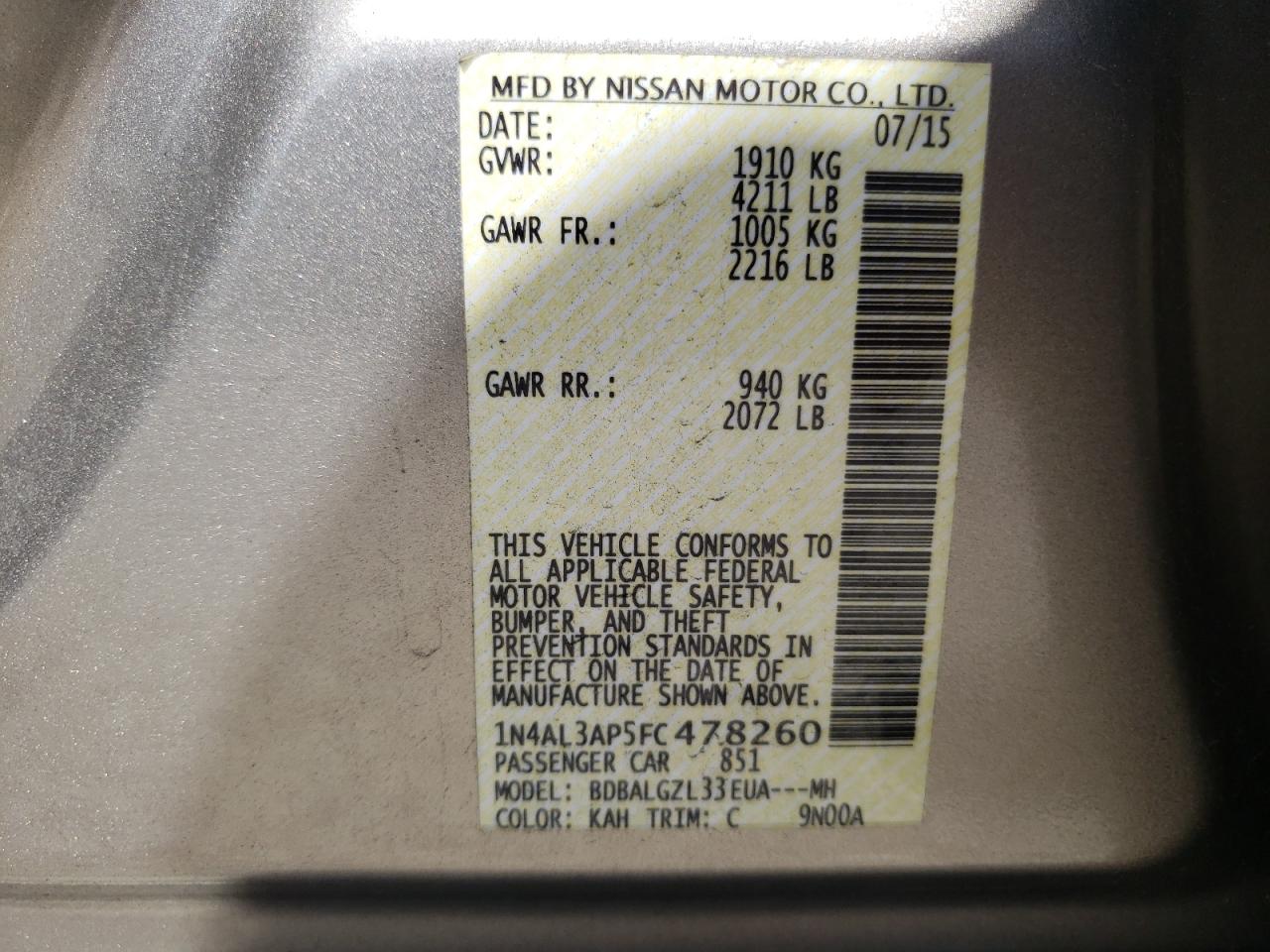 2015 Nissan Altima VIN 1N4AL3AP5FC478260 Copart auction photo, front end / side damage thumbnail 10