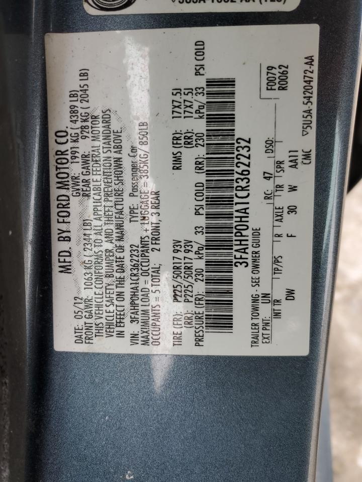2012 Ford Fusion VIN 3FAHP0HA1CR362232 Copart auction photo, rear end damage thumbnail 14