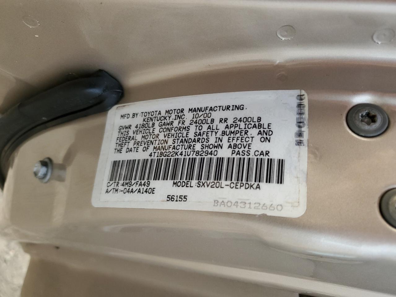2001 Toyota Camry VIN 4T1BG22K41U782940 Copart auction photo, front end damage thumbnail 15
