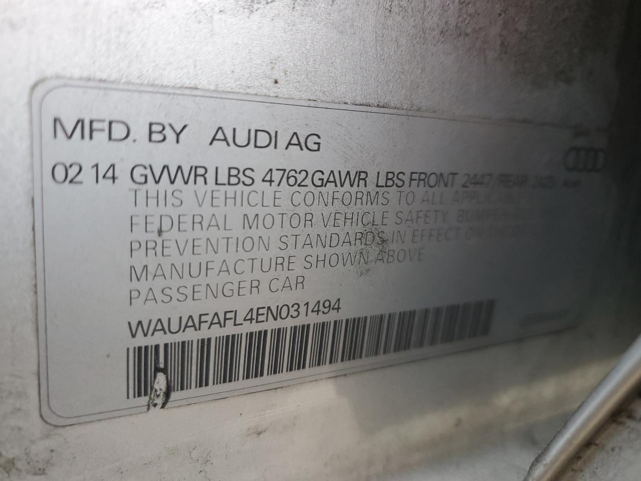 2014 Audi A4 VIN WAUAFAFL4EN031494 Copart auction photo, rear end / minor dent/scratches damage thumbnail 14