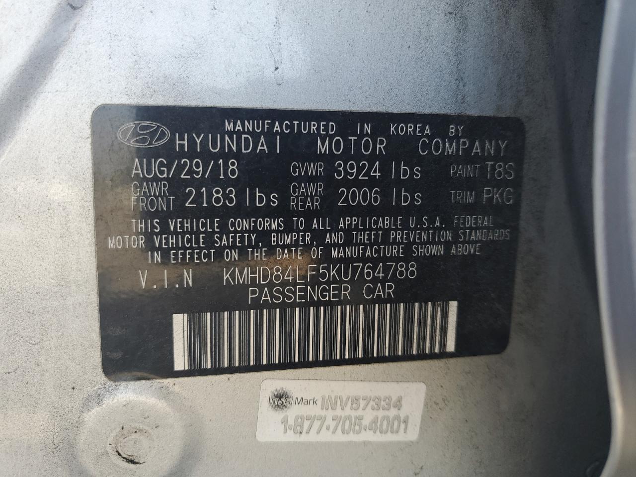 2019 Hyundai Elantra VIN KMHD84LF5KU764788 Copart auction photo, vandalism / all over damage thumbnail 14