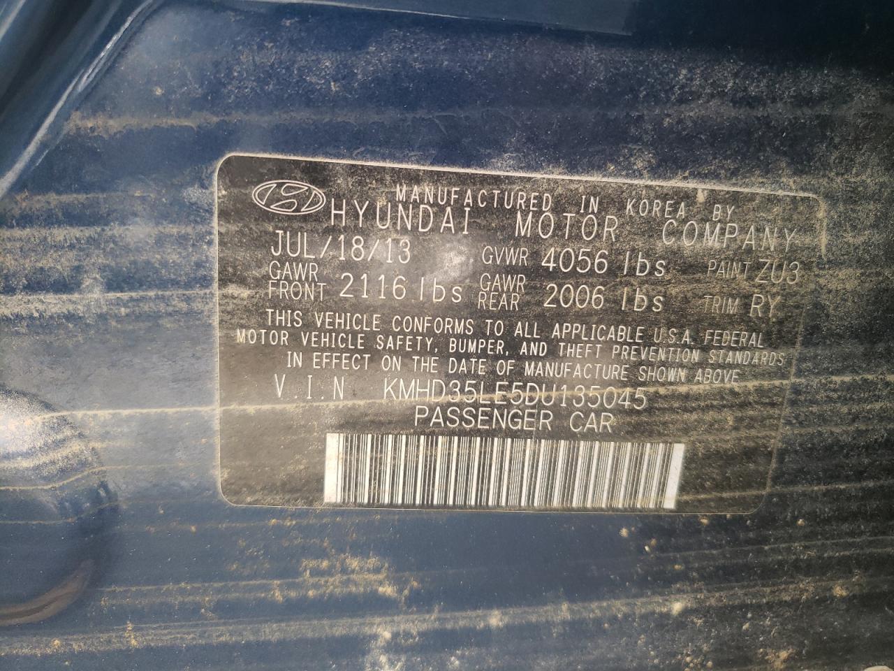 2013 Hyundai Elantra VIN KMHD35LE5DU135045 Copart auction photo, water/flood damage thumbnail 12