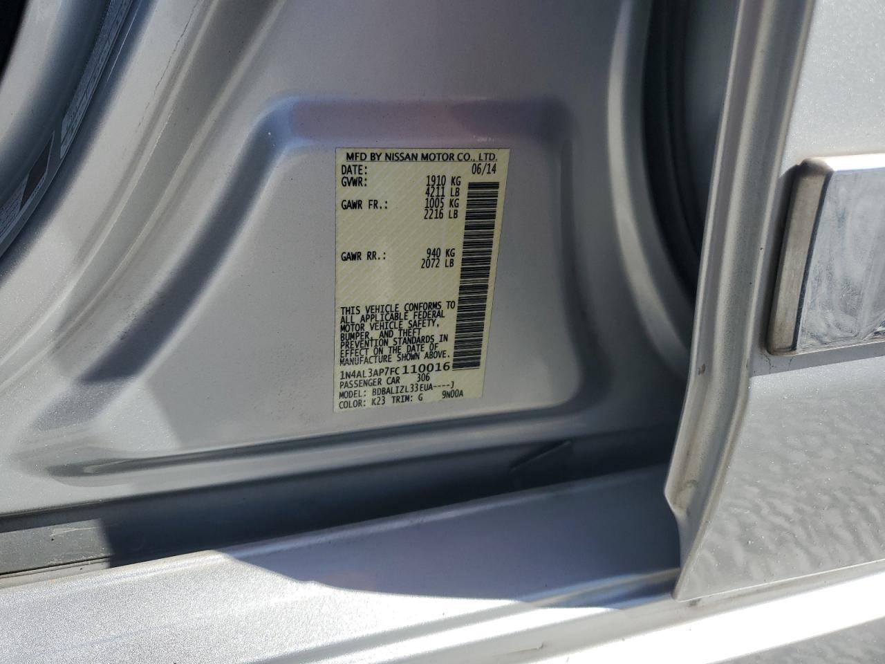 2015 Nissan Altima VIN 1N4AL3AP7FC110016 Copart auction photo, front end / side damage thumbnail 12